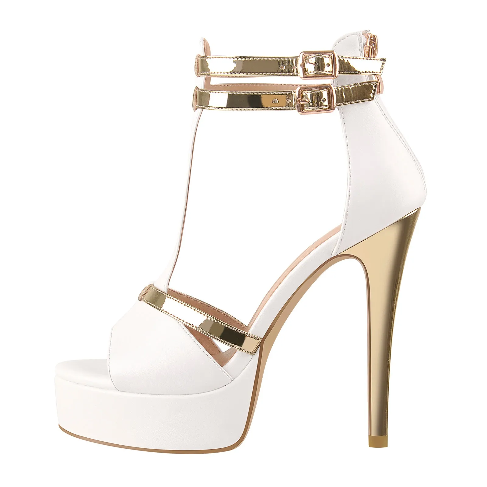 Gold T-Strap White Platform High Heel Sandals
