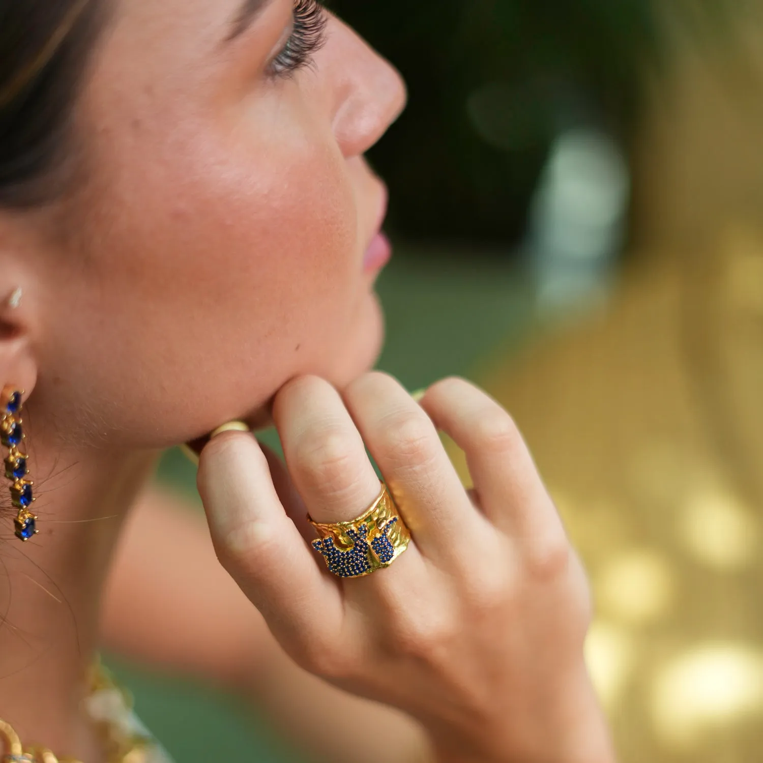 Guardian Sapphire Elephant Gold Chunky Adjustable Ring