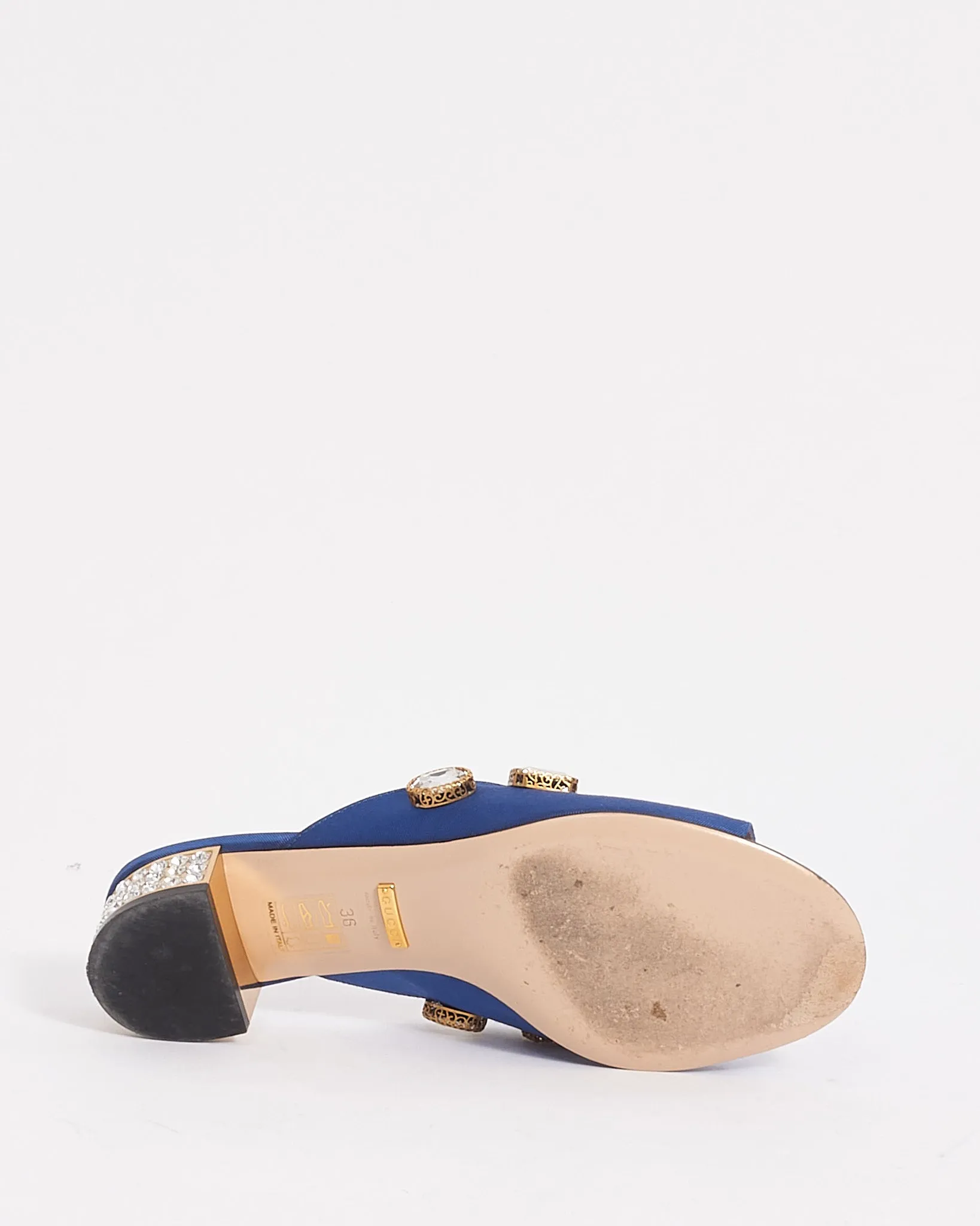 Gucci Blue Fabric Moiret Crystal Embellished  Slide Sandals - 36