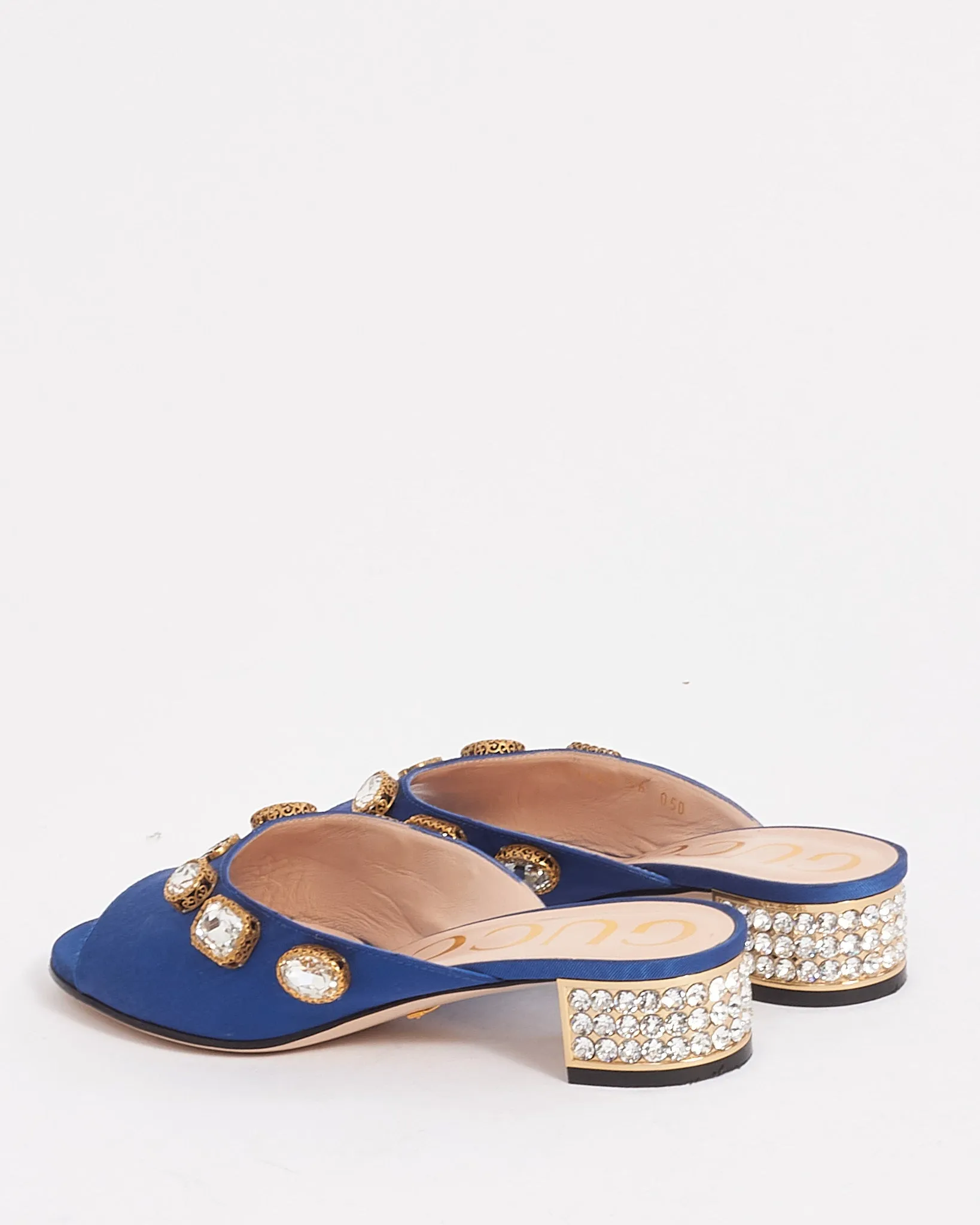 Gucci Blue Fabric Moiret Crystal Embellished  Slide Sandals - 36