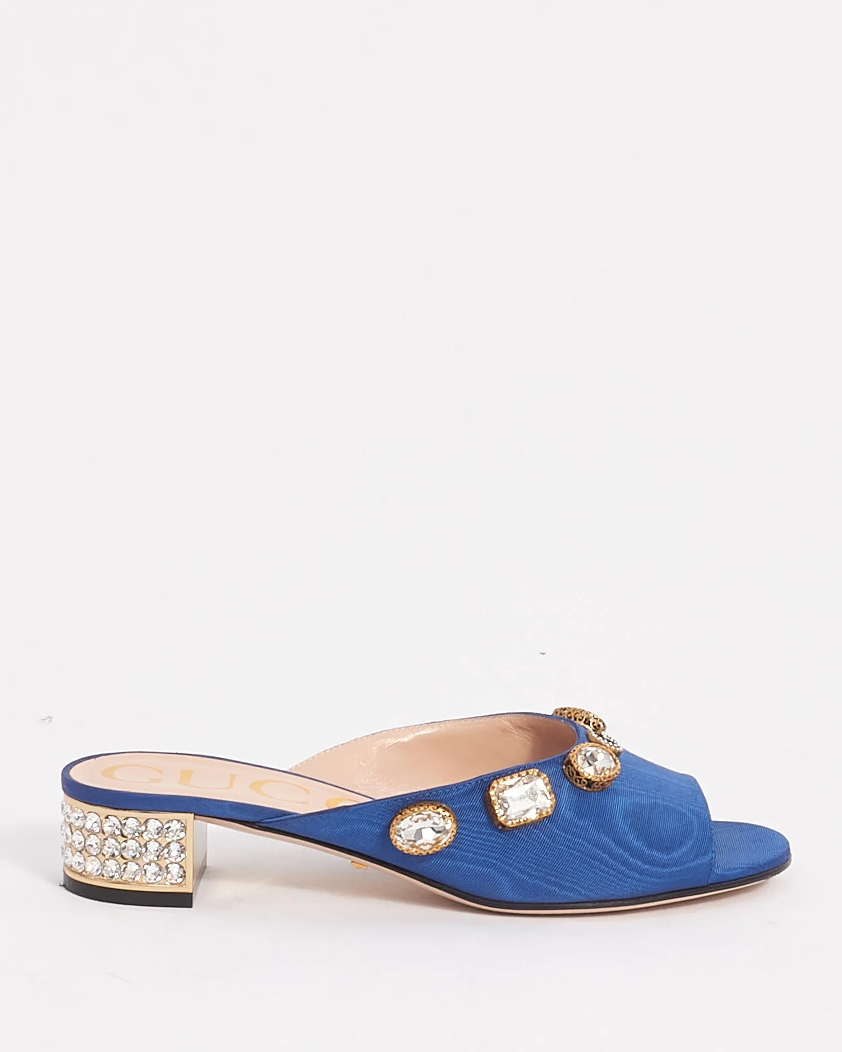 Gucci Blue Fabric Moiret Crystal Embellished  Slide Sandals - 36