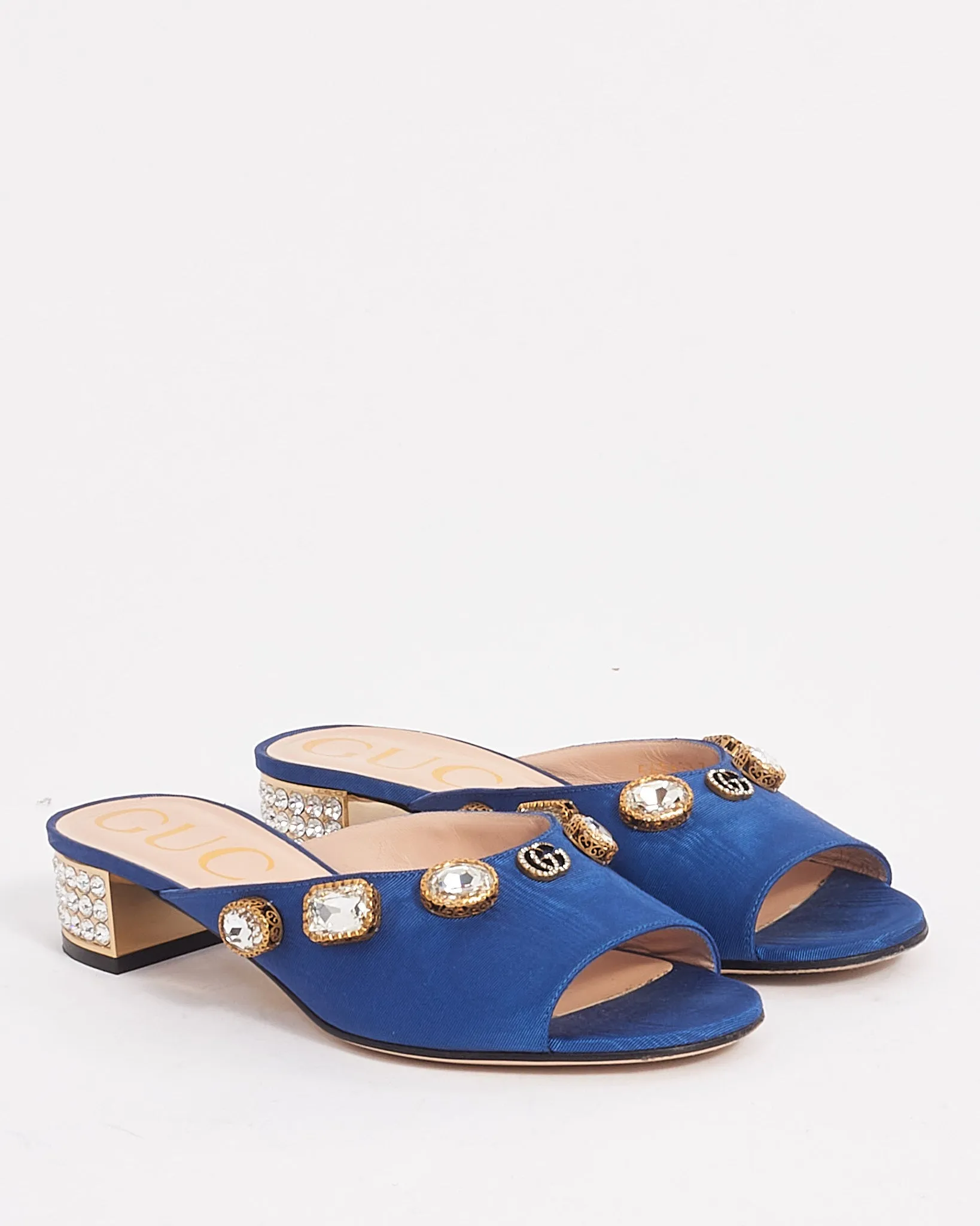 Gucci Blue Fabric Moiret Crystal Embellished  Slide Sandals - 36