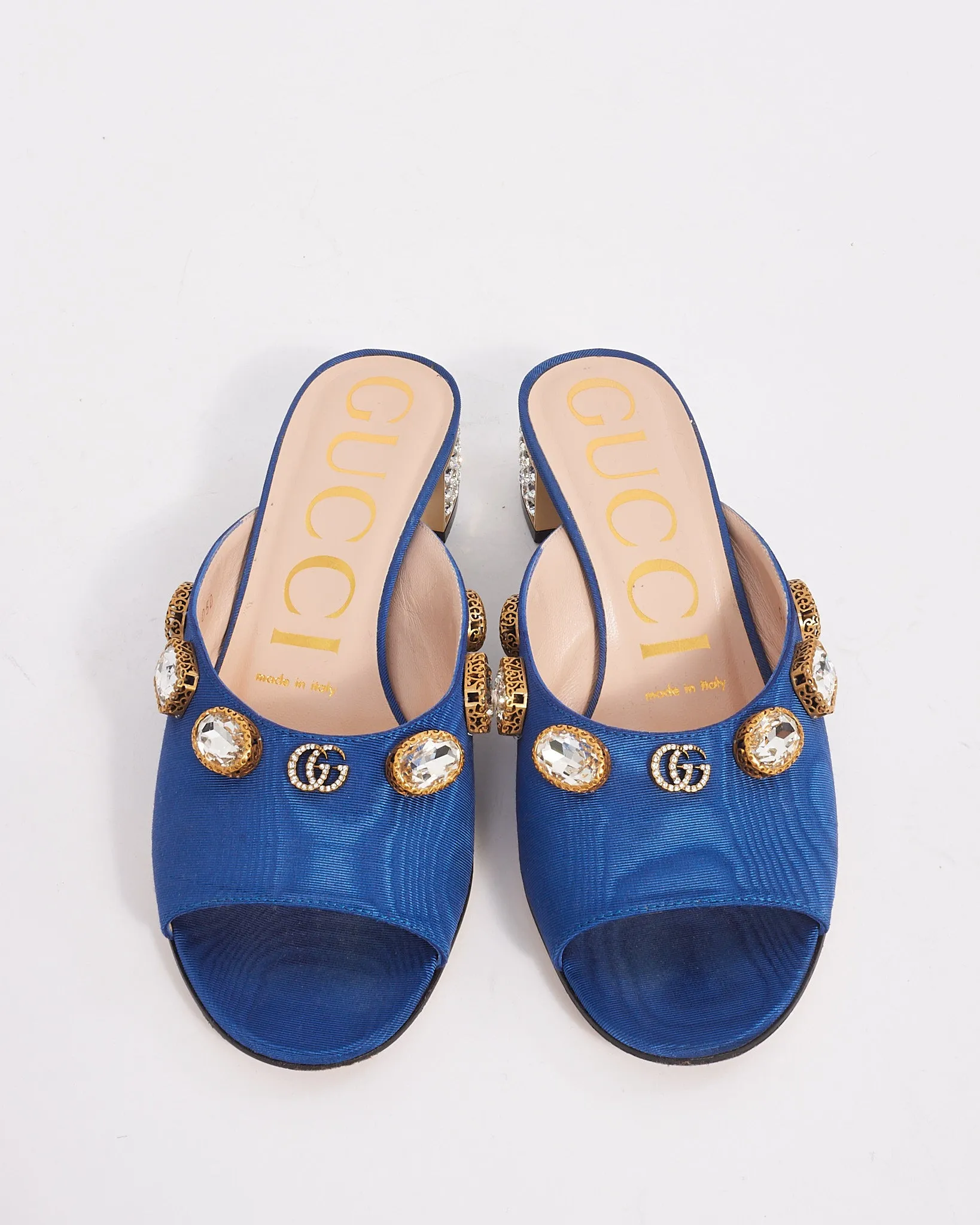 Gucci Blue Fabric Moiret Crystal Embellished  Slide Sandals - 36