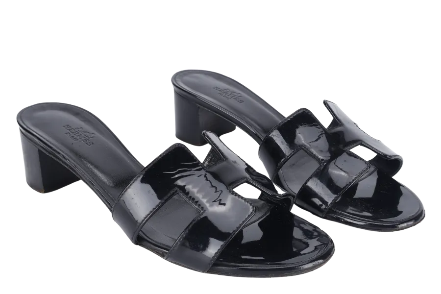HERMES ORAN BLACK PATENT SIZE 37 WITH DUST COVER AND BOX