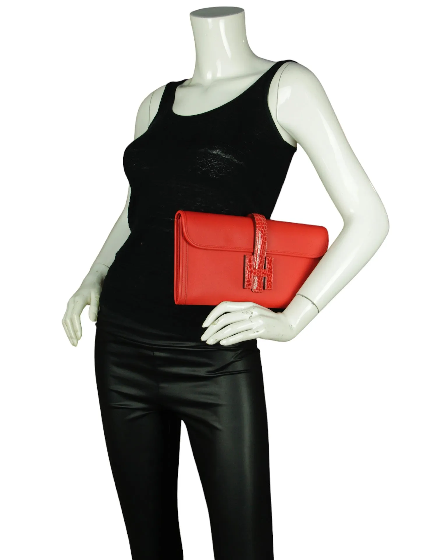 Hermes Rouge De Coeur Swift & Alligator Jige Elan Touch Clutch