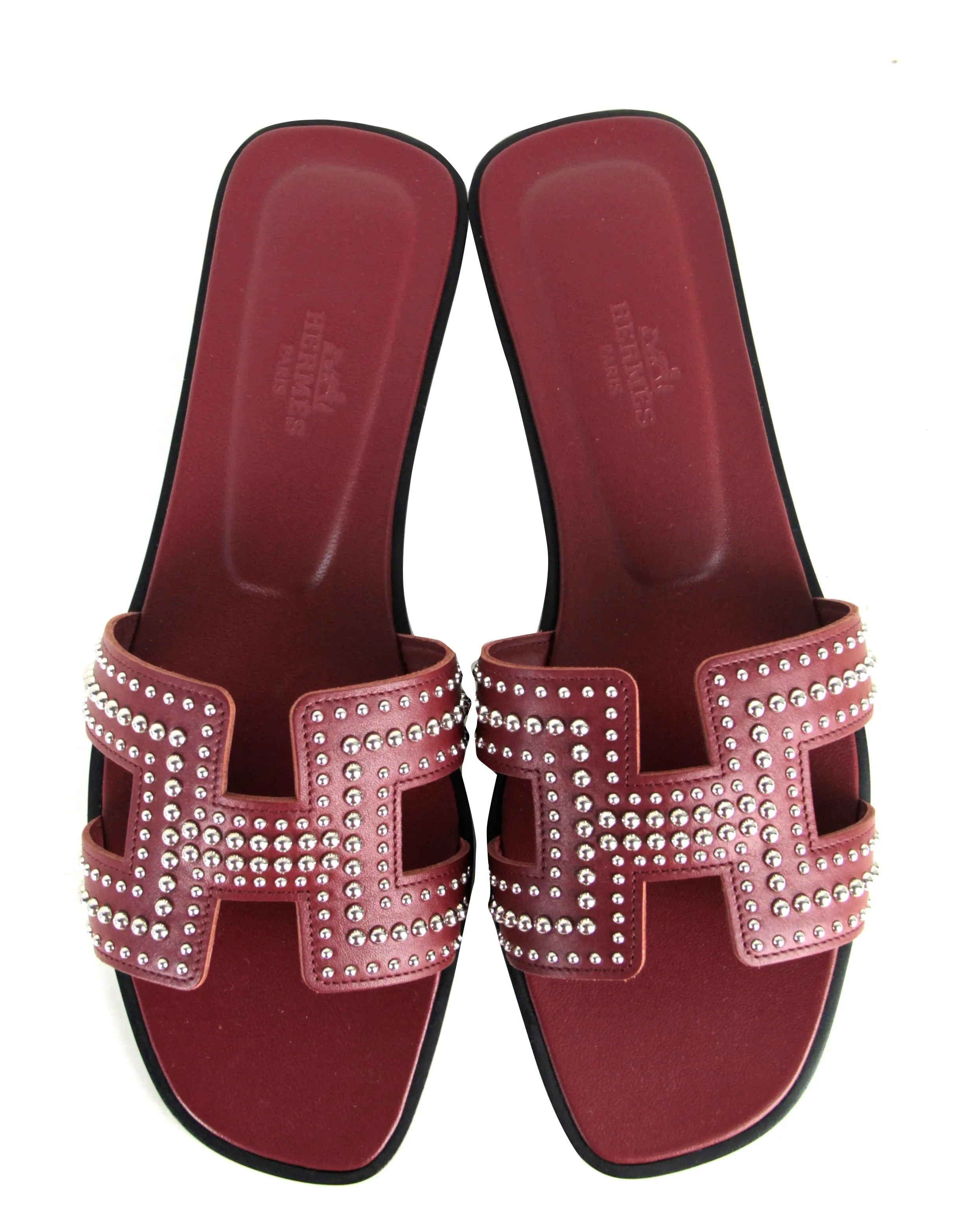Hermes Rouge Tomette Oran Studs Slide Sandals sz 37.5