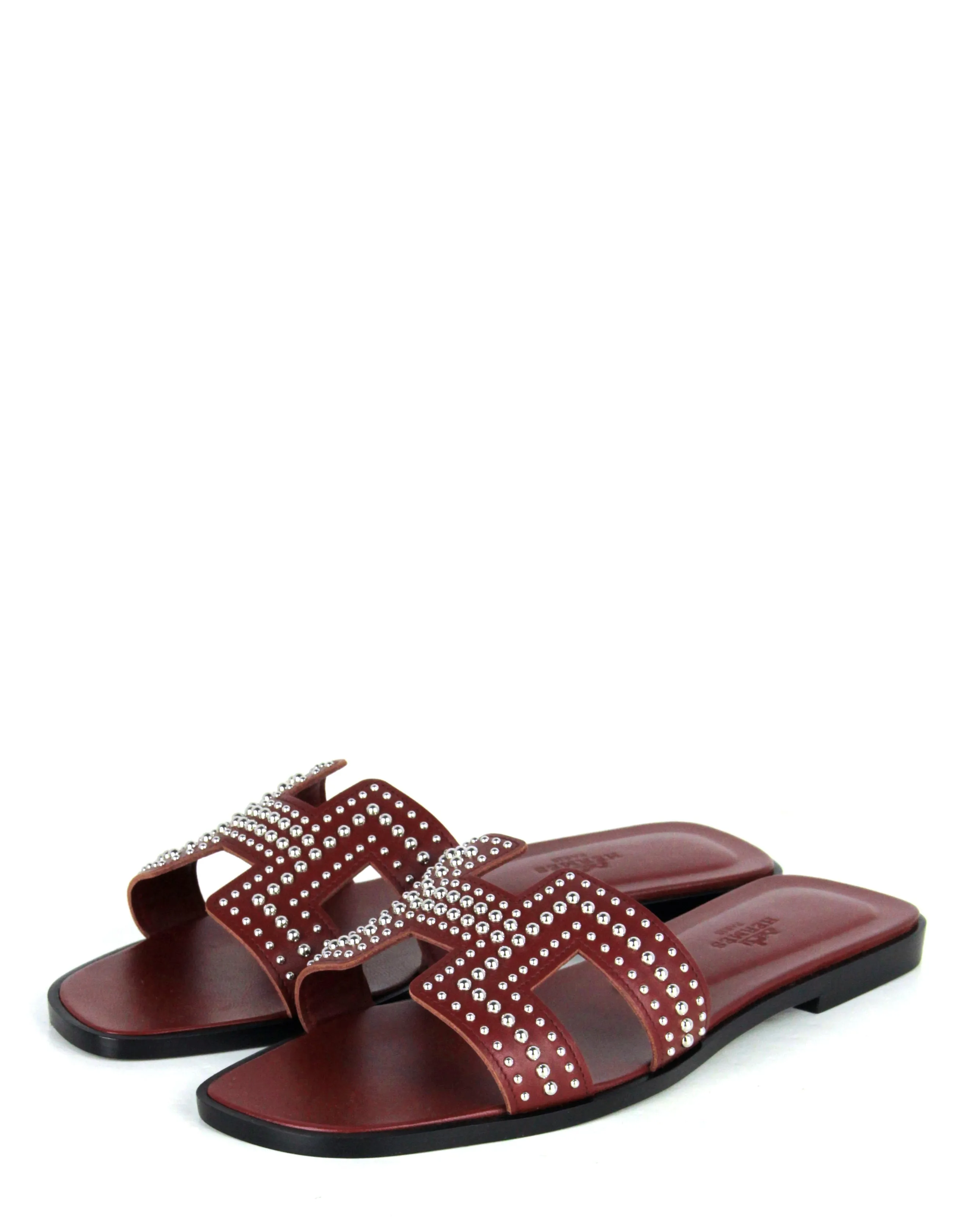 Hermes Rouge Tomette Oran Studs Slide Sandals sz 37.5