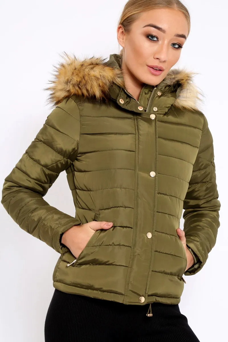 Khaki Padded Coat with Fur Trim Hood - Helena