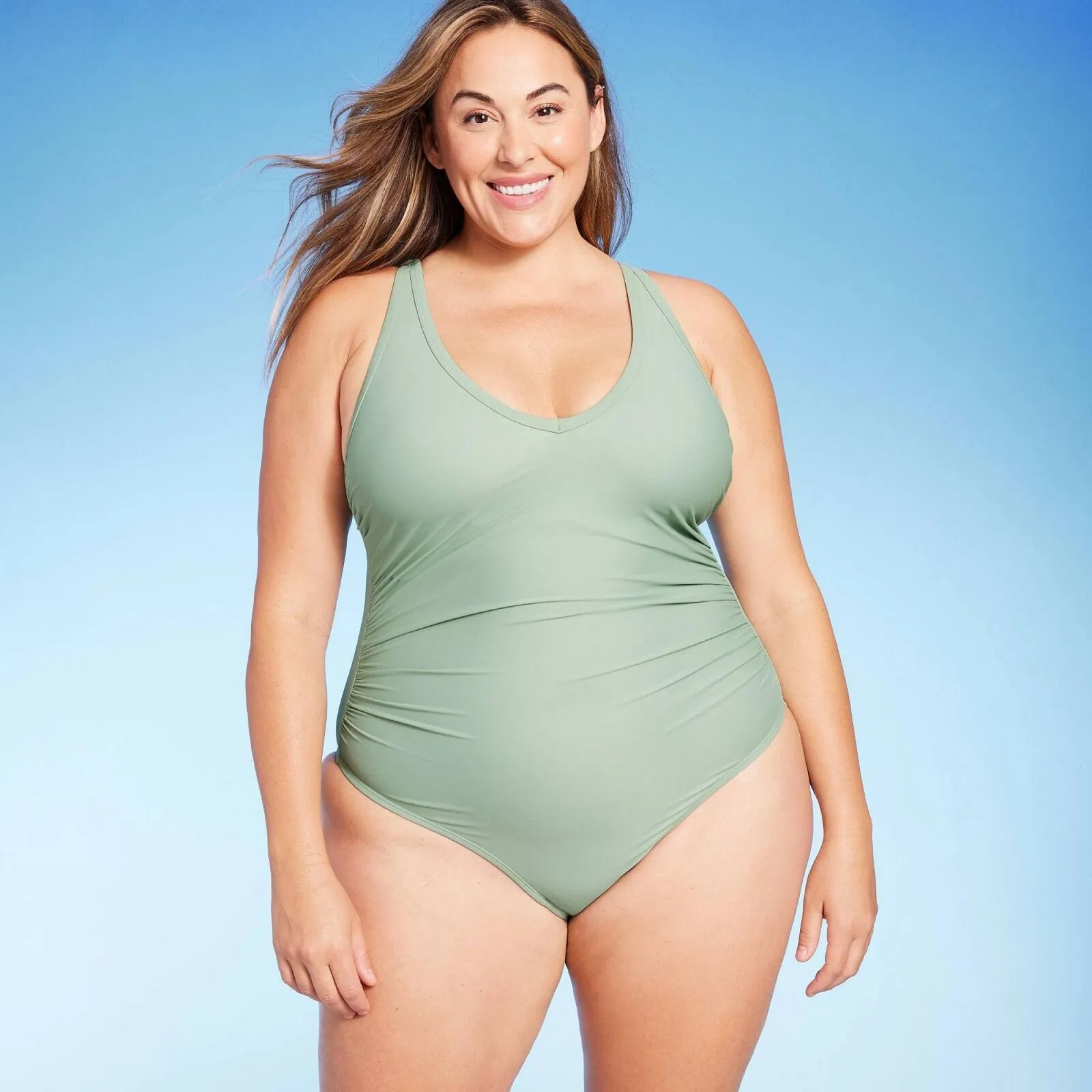 Kona Sol Plus V-Neck Over the Shoulder High Leg One Piece Swimsuit Green 18W