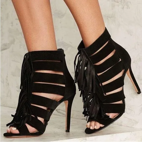 Lace-up Black Suede Women Ankle-Wrap Sandals