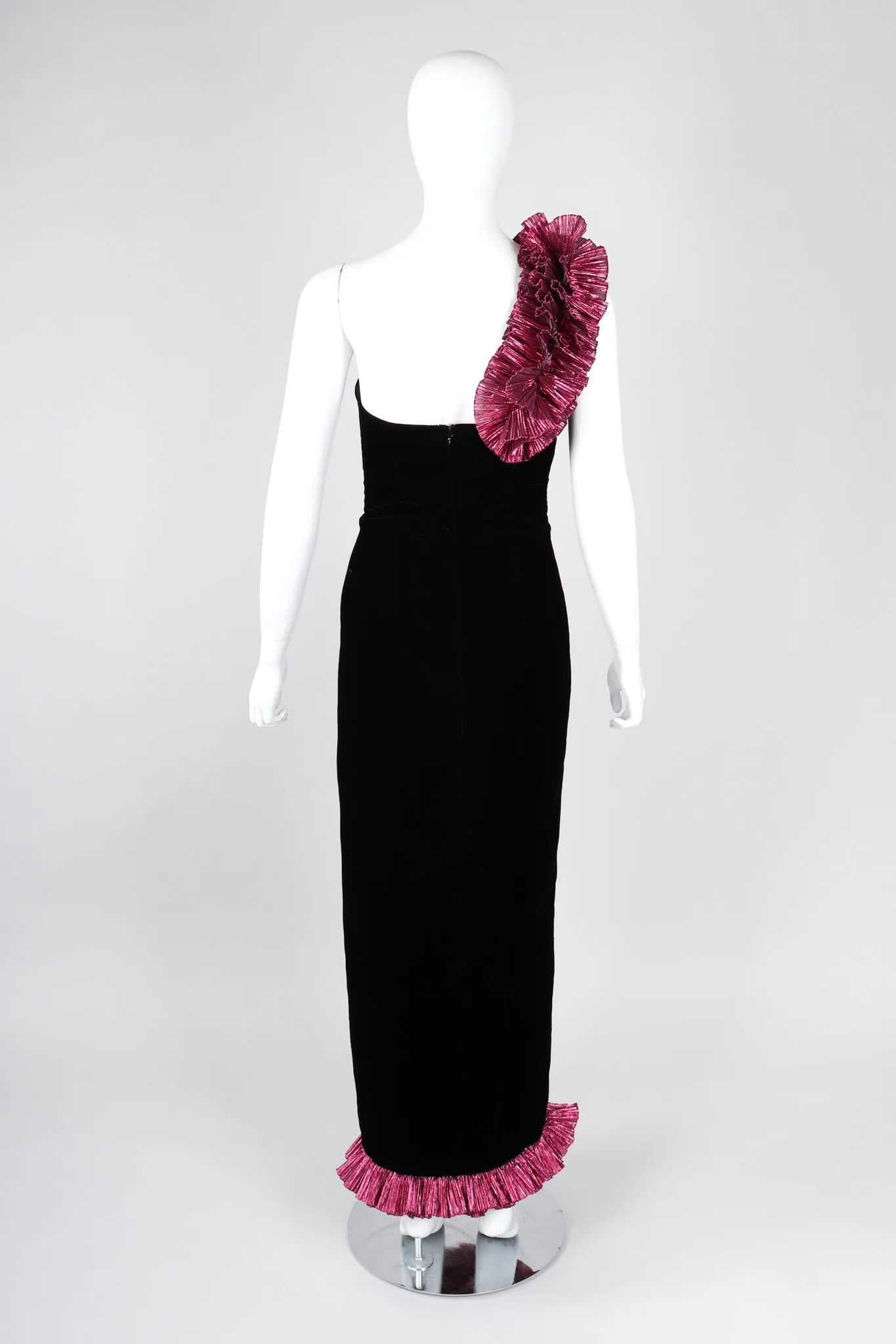 Lamé Ruffle Strap Gown