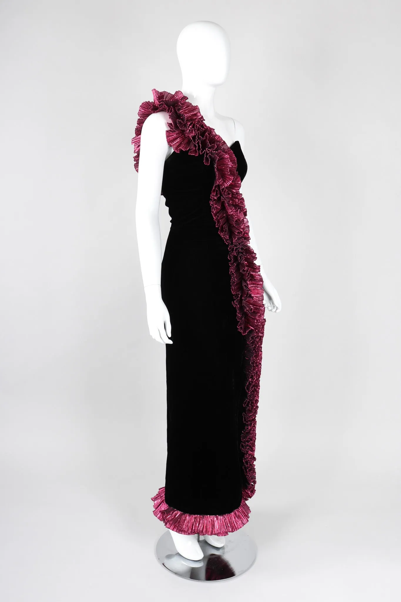 Lamé Ruffle Strap Gown