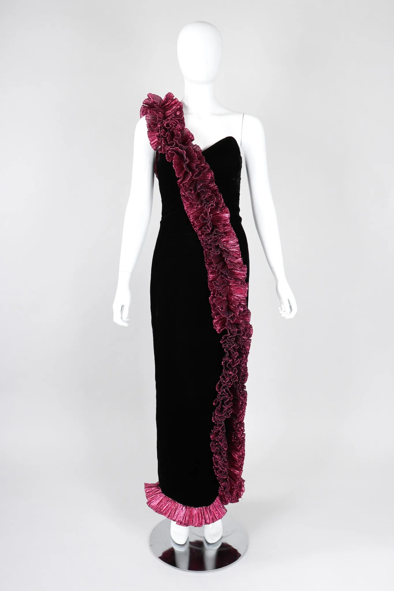 Lamé Ruffle Strap Gown