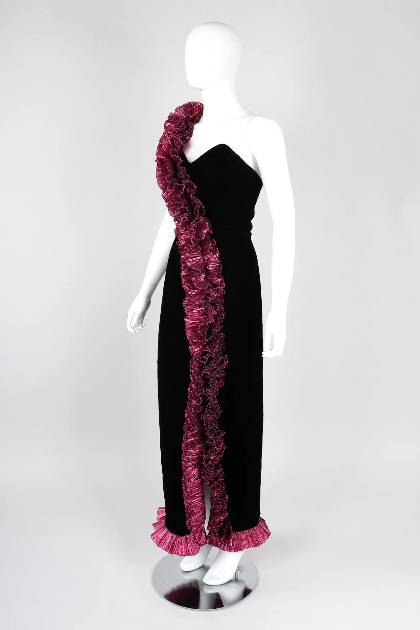 Lamé Ruffle Strap Gown