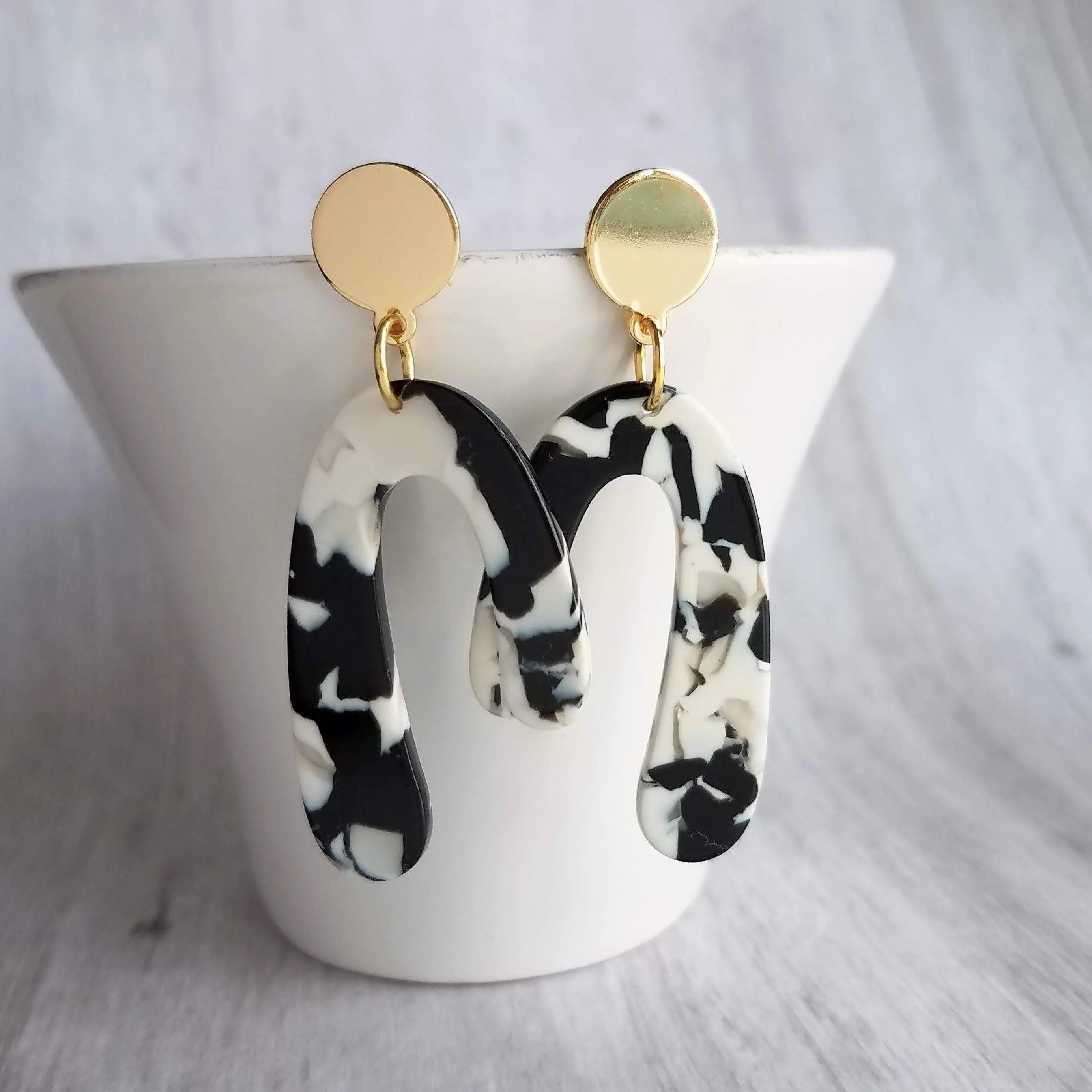 Large Chunky Earrings, black white gold earring, u shape earring, 80s style jewelry, acrylic arch earring faux tortoise shell earring dangle