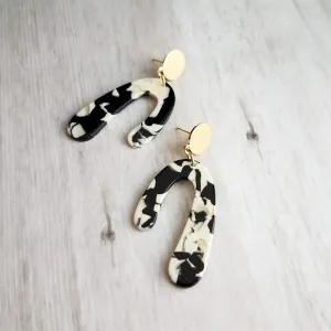Large Chunky Earrings, black white gold earring, u shape earring, 80s style jewelry, acrylic arch earring faux tortoise shell earring dangle