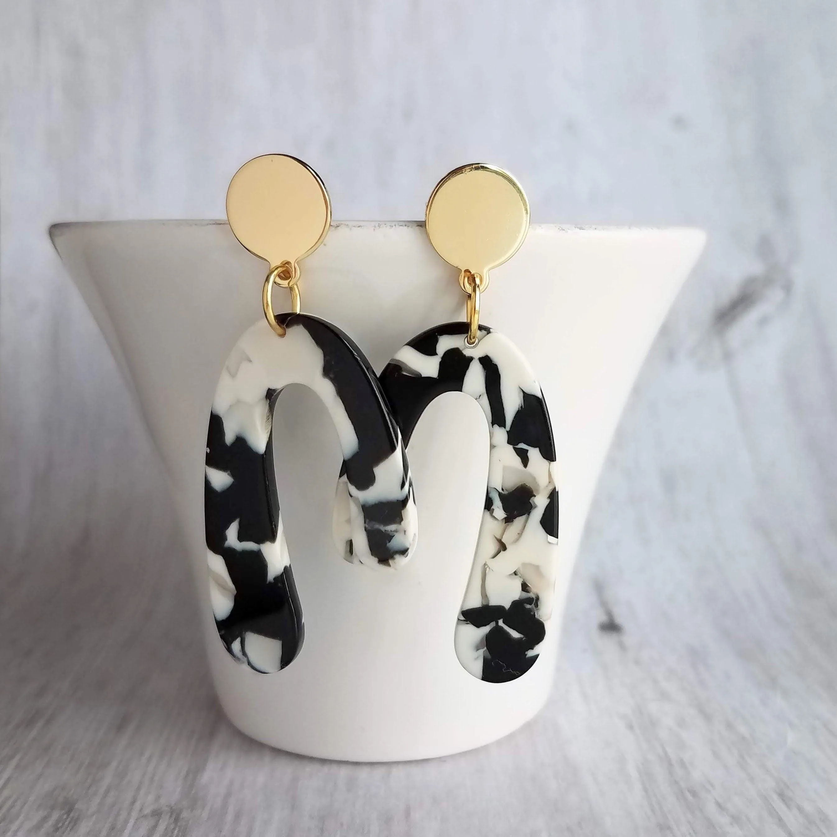 Large Chunky Earrings, black white gold earring, u shape earring, 80s style jewelry, acrylic arch earring faux tortoise shell earring dangle