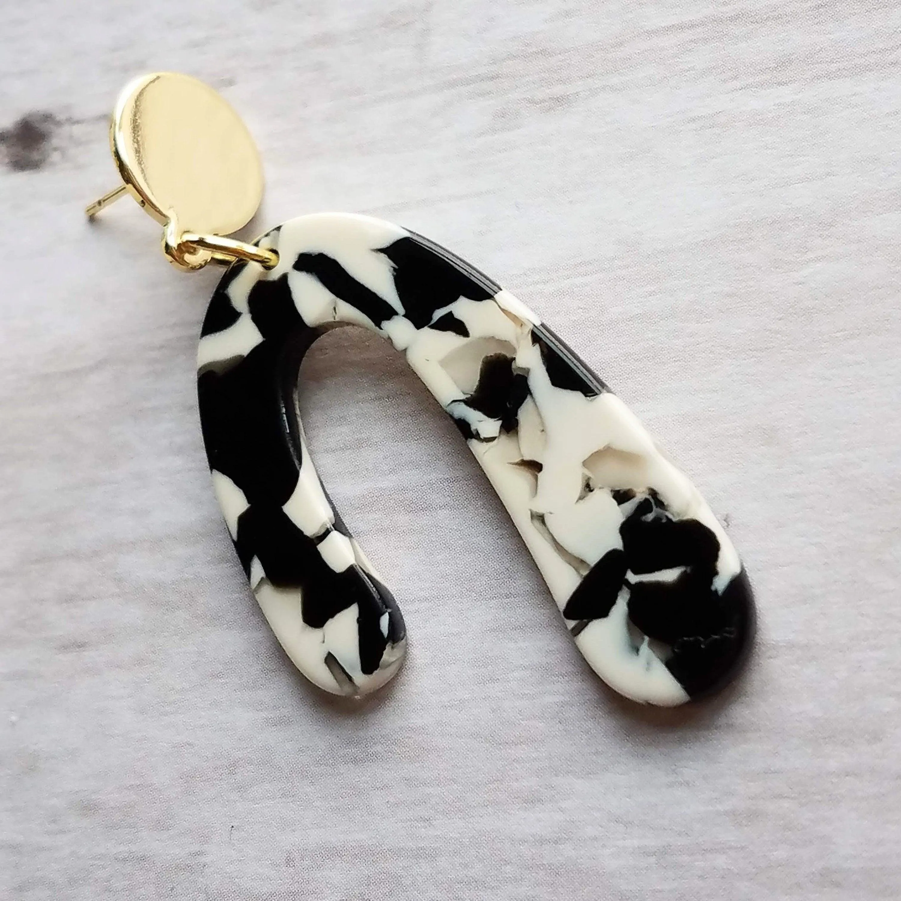 Large Chunky Earrings, black white gold earring, u shape earring, 80s style jewelry, acrylic arch earring faux tortoise shell earring dangle