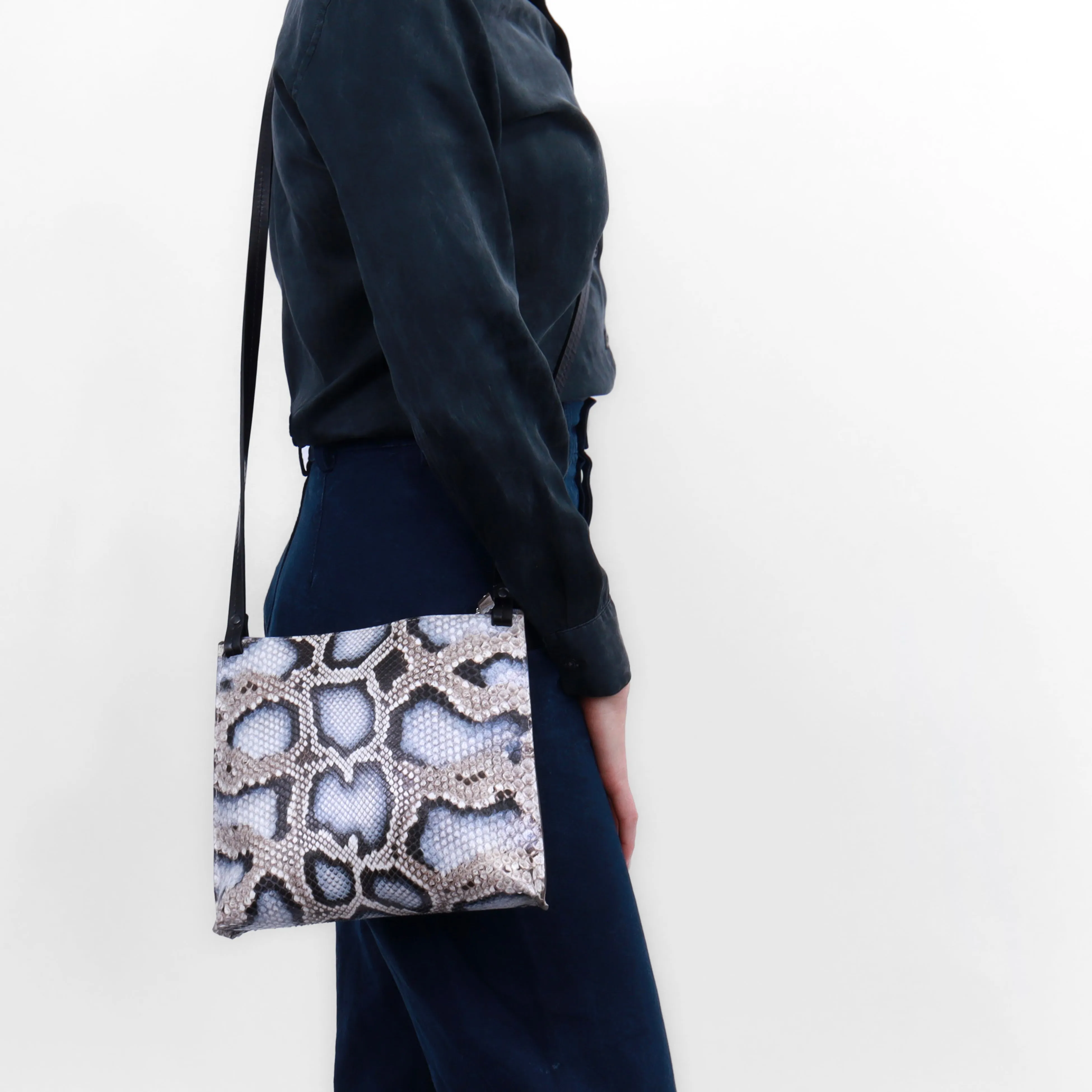 LARGE STRAPPY POUCH MATTE BLACK EMBOSSED CROC