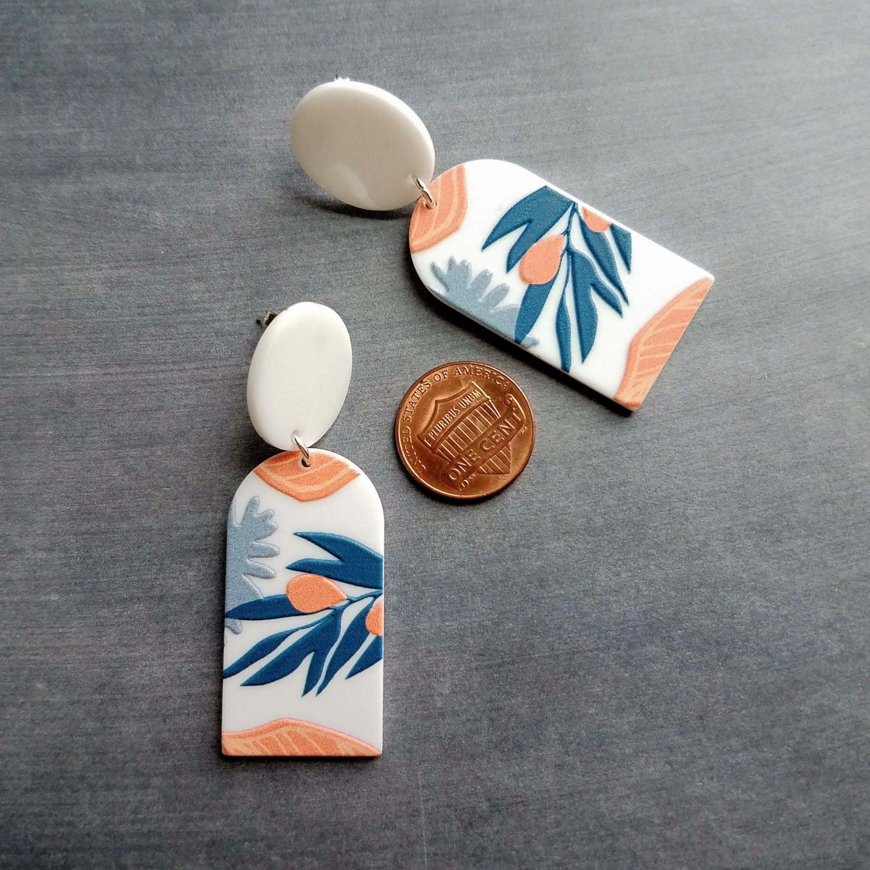 Large White Earrings, palm leaves, orange earring, teal leaf earring, matte earring, thick acrylic earring, chunky plastic earring 80s style