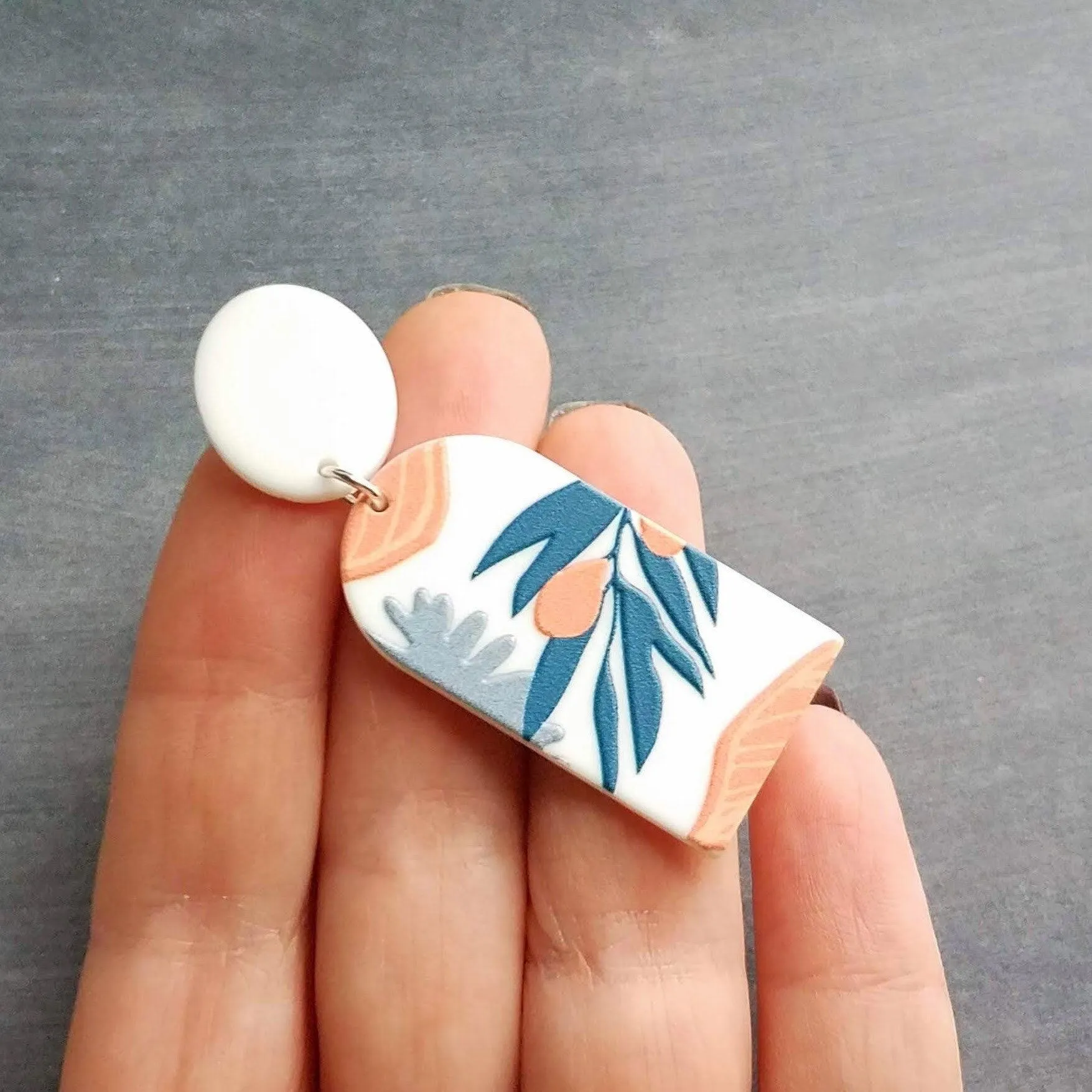 Large White Earrings, palm leaves, orange earring, teal leaf earring, matte earring, thick acrylic earring, chunky plastic earring 80s style