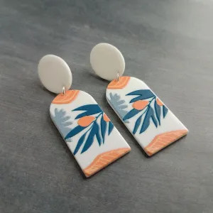Large White Earrings, palm leaves, orange earring, teal leaf earring, matte earring, thick acrylic earring, chunky plastic earring 80s style