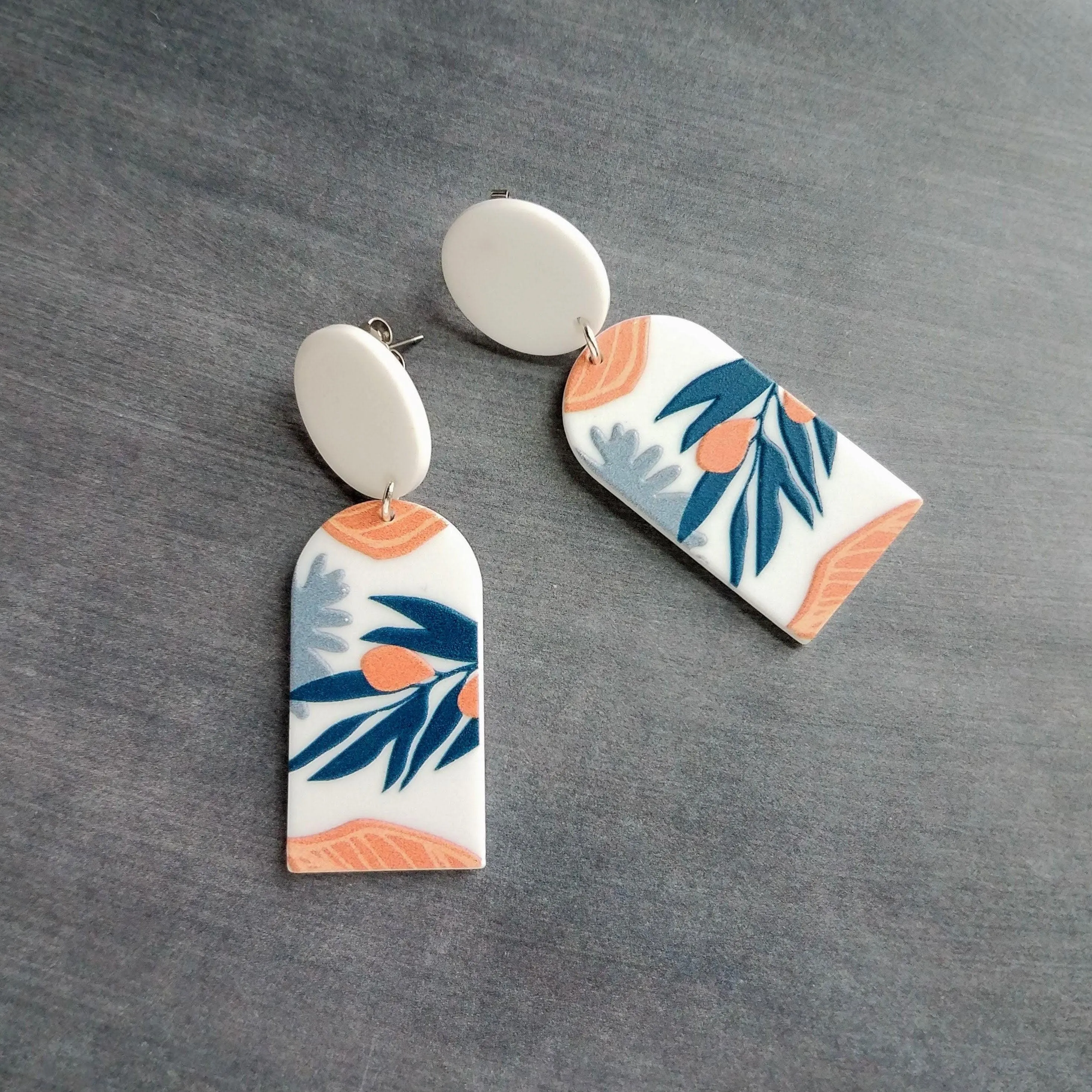Large White Earrings, palm leaves, orange earring, teal leaf earring, matte earring, thick acrylic earring, chunky plastic earring 80s style