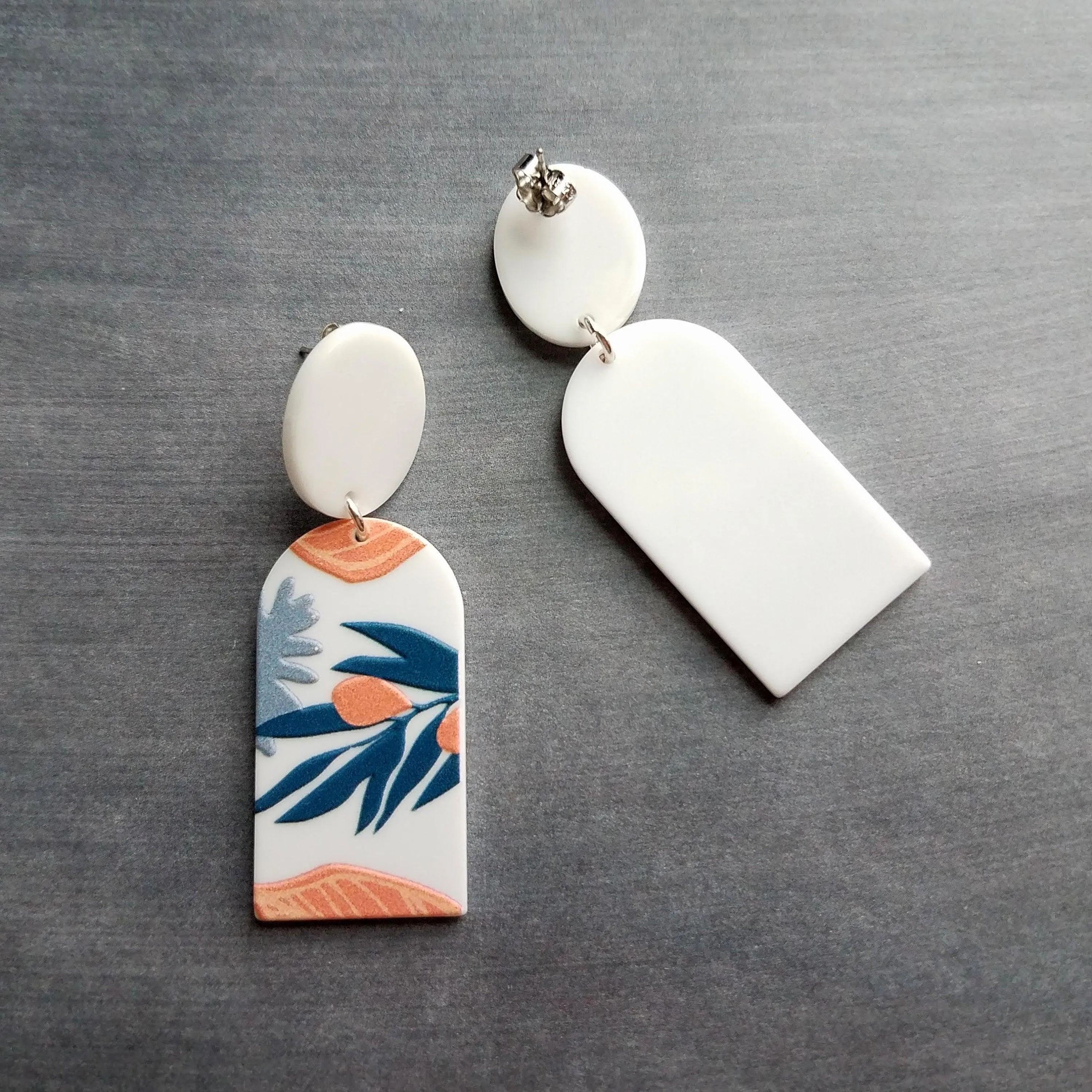 Large White Earrings, palm leaves, orange earring, teal leaf earring, matte earring, thick acrylic earring, chunky plastic earring 80s style