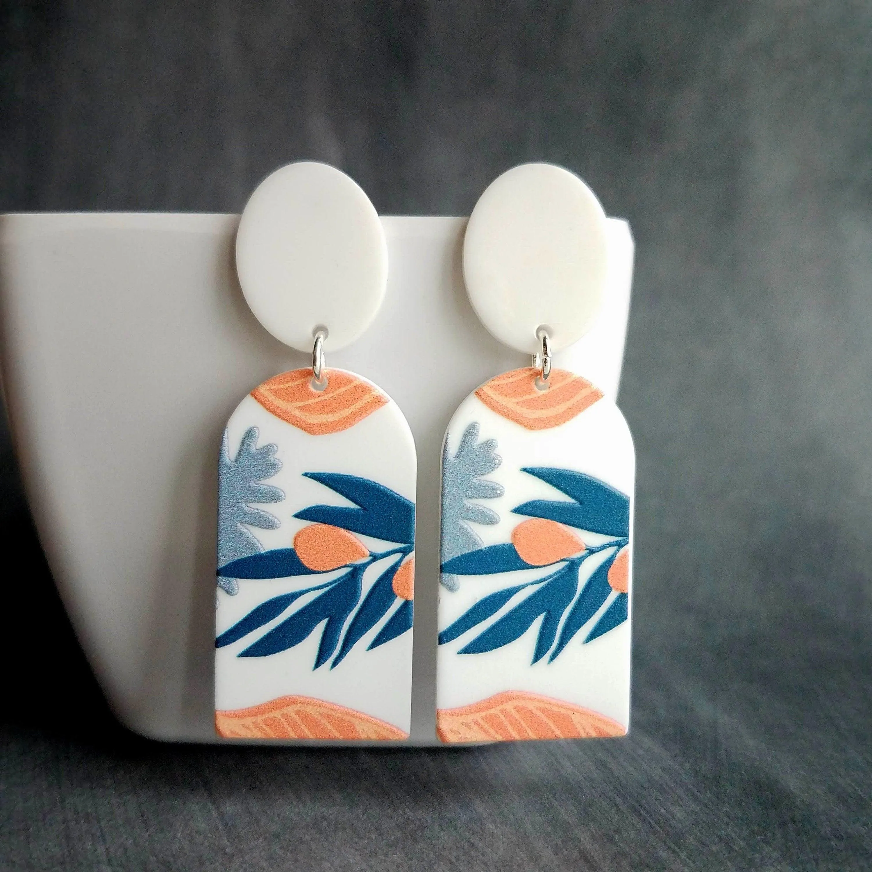Large White Earrings, palm leaves, orange earring, teal leaf earring, matte earring, thick acrylic earring, chunky plastic earring 80s style