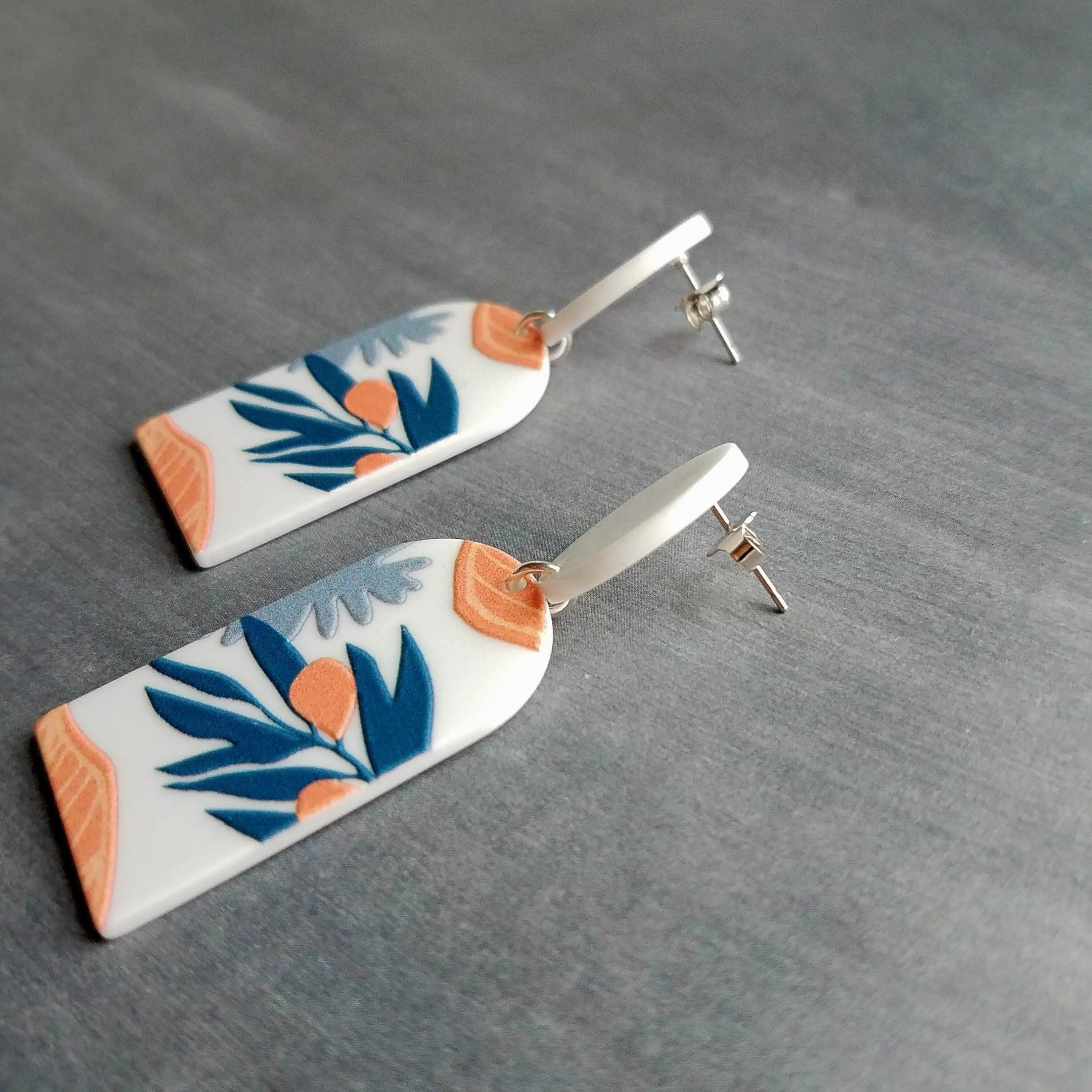 Large White Earrings, palm leaves, orange earring, teal leaf earring, matte earring, thick acrylic earring, chunky plastic earring 80s style