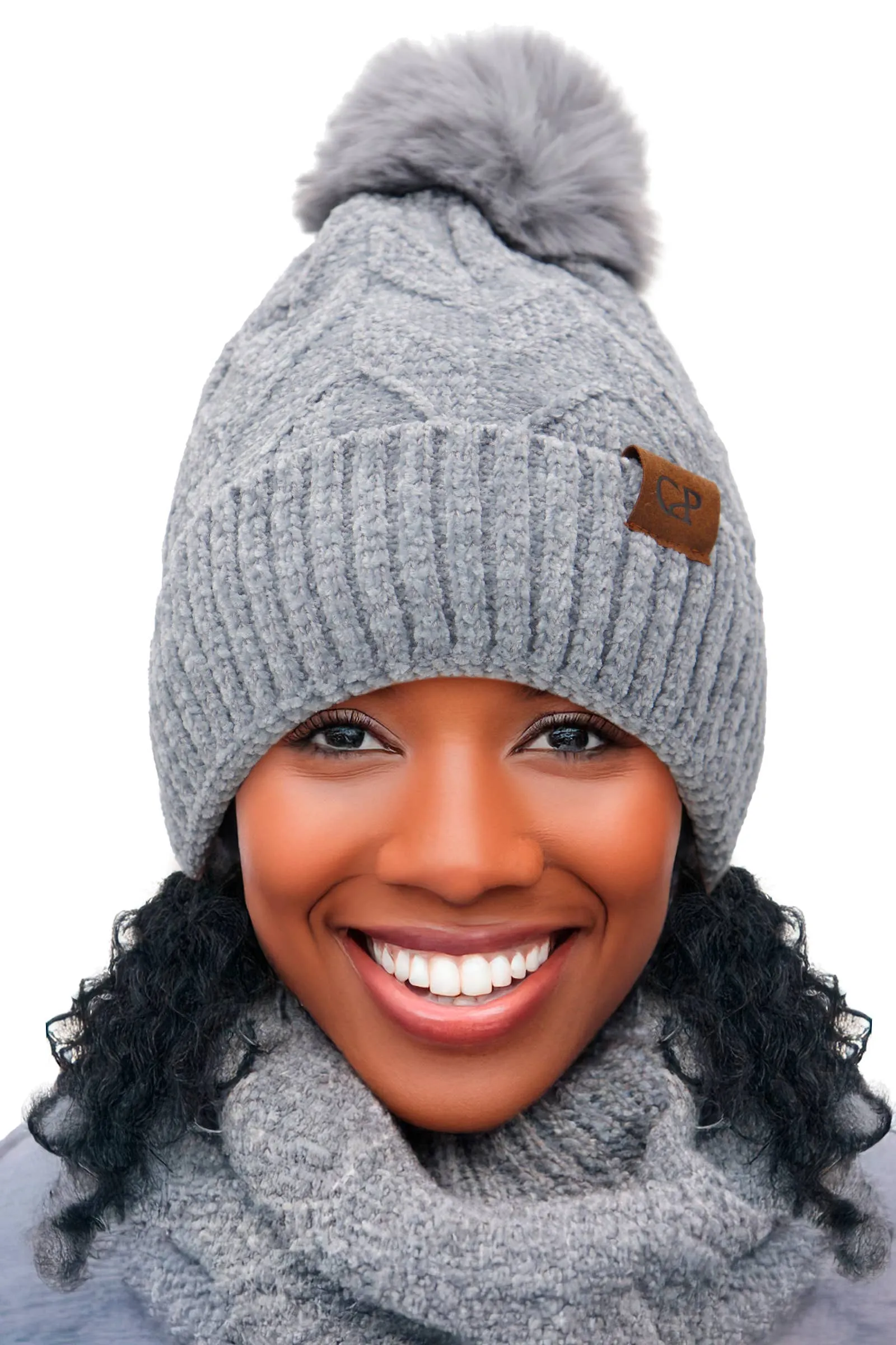 Leaf Knitted Velvety Chenille Fleece Lined Beanie