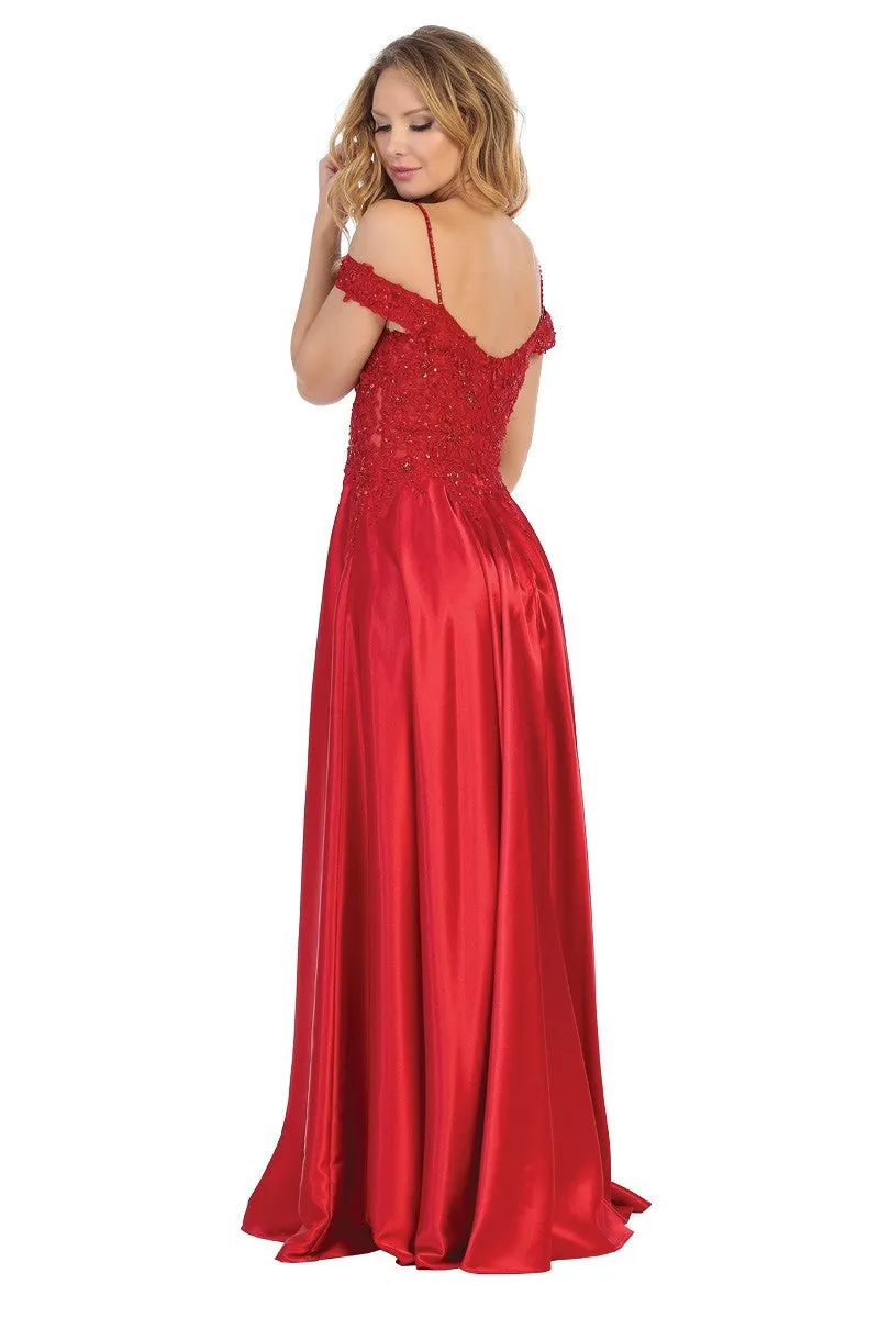 LF 7557 - Off the Shoulder A-Line Prom Gown with Beaded Bodice & Leg Slit