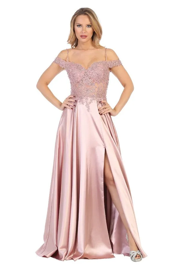 LF 7557 - Off the Shoulder A-Line Prom Gown with Beaded Bodice & Leg Slit