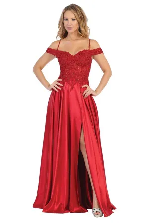 LF 7557 - Off the Shoulder A-Line Prom Gown with Beaded Bodice & Leg Slit