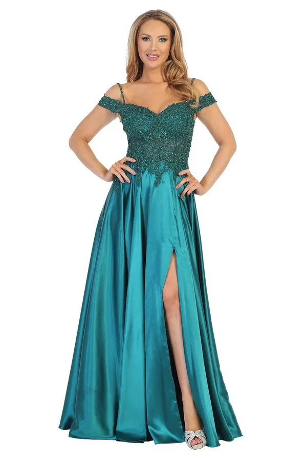 LF 7557 - Off the Shoulder A-Line Prom Gown with Beaded Bodice & Leg Slit