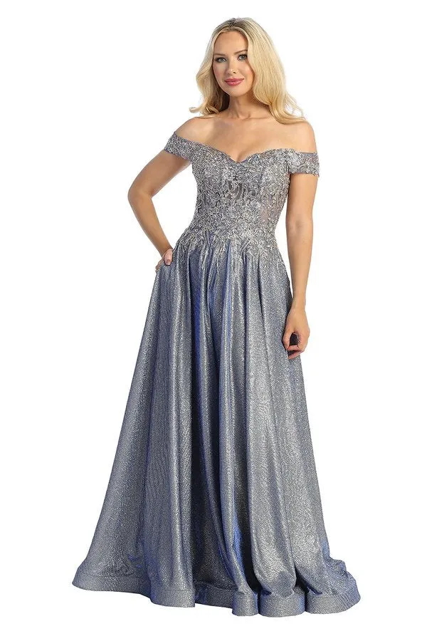 LF 7735 - Off The Shoulder Metallic A-Line Prom Gown with Sheer Embellished Boned Bodice & Pockets