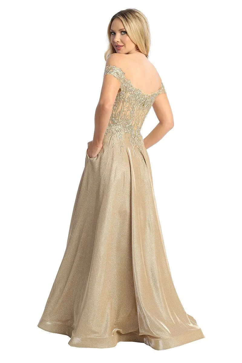 LF 7735 - Off The Shoulder Metallic A-Line Prom Gown with Sheer Embellished Boned Bodice & Pockets