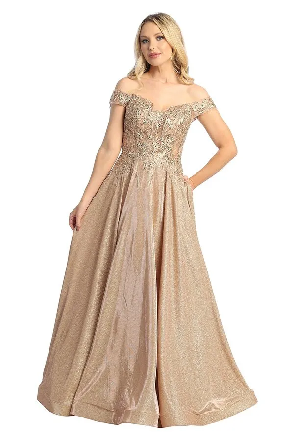 LF 7735 - Off The Shoulder Metallic A-Line Prom Gown with Sheer Embellished Boned Bodice & Pockets