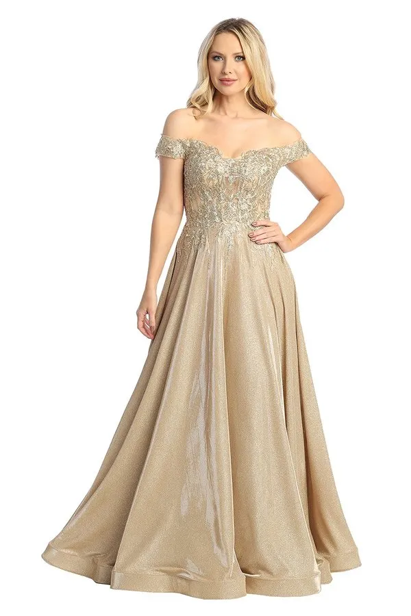 LF 7735 - Off The Shoulder Metallic A-Line Prom Gown with Sheer Embellished Boned Bodice & Pockets