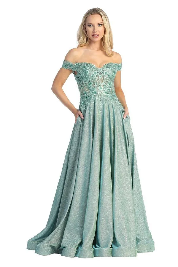 LF 7735 - Off The Shoulder Metallic A-Line Prom Gown with Sheer Embellished Boned Bodice & Pockets