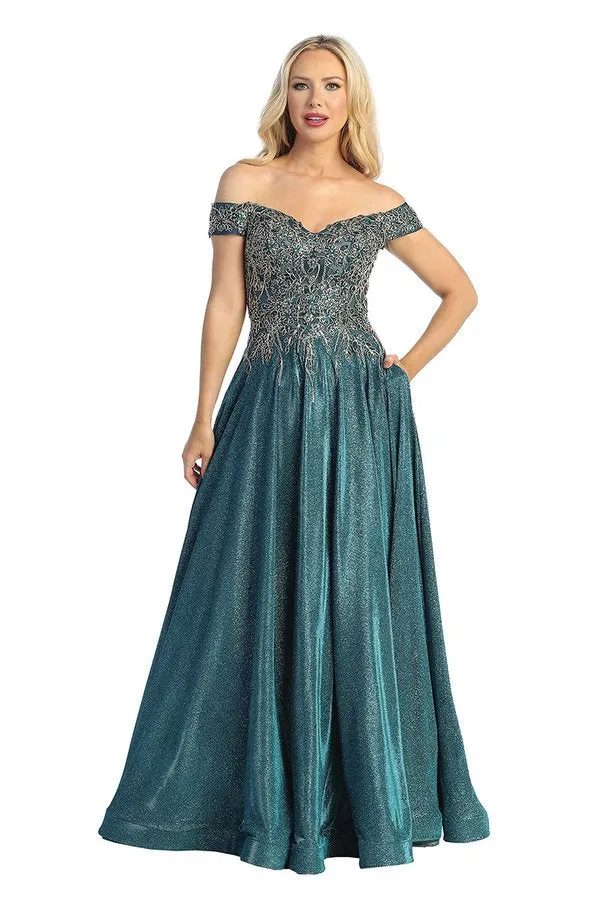 LF 7735 - Off The Shoulder Metallic A-Line Prom Gown with Sheer Embellished Boned Bodice & Pockets