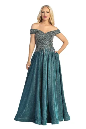 LF 7735 - Off The Shoulder Metallic A-Line Prom Gown with Sheer Embellished Boned Bodice & Pockets