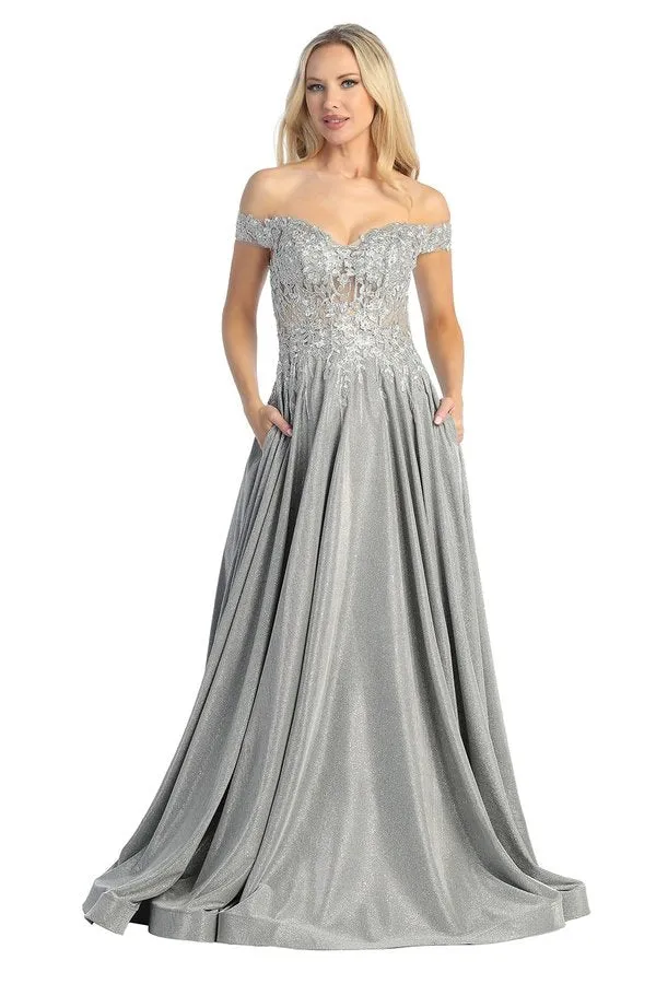 LF 7735 - Off The Shoulder Metallic A-Line Prom Gown with Sheer Embellished Boned Bodice & Pockets