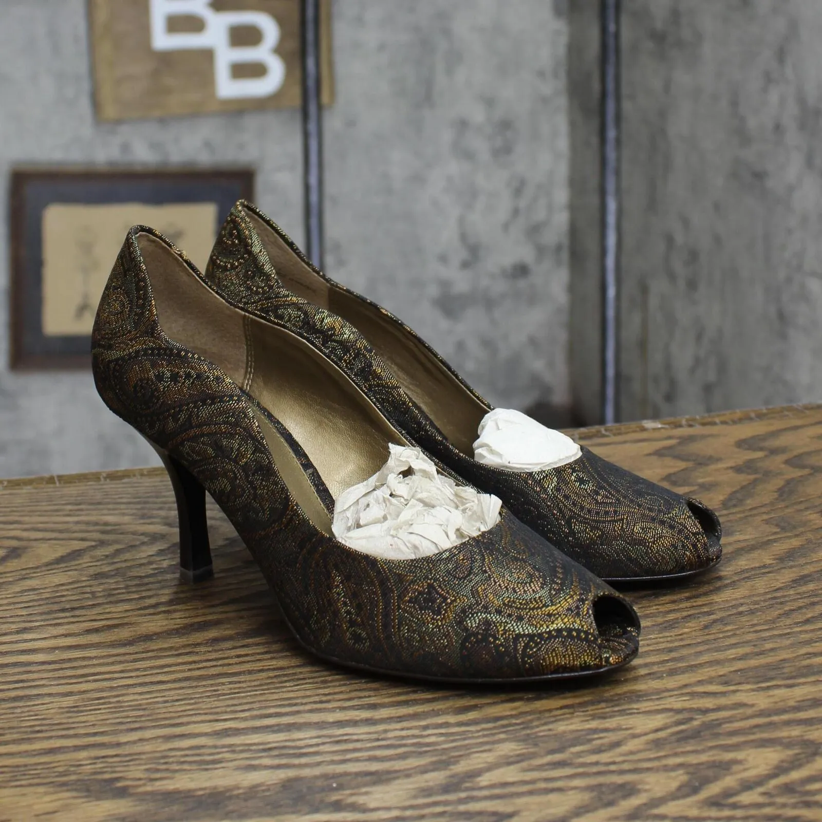 Liz Claiborne Womens Vintage Open Toe Stiletto Heels Brown Paisley 6.5M