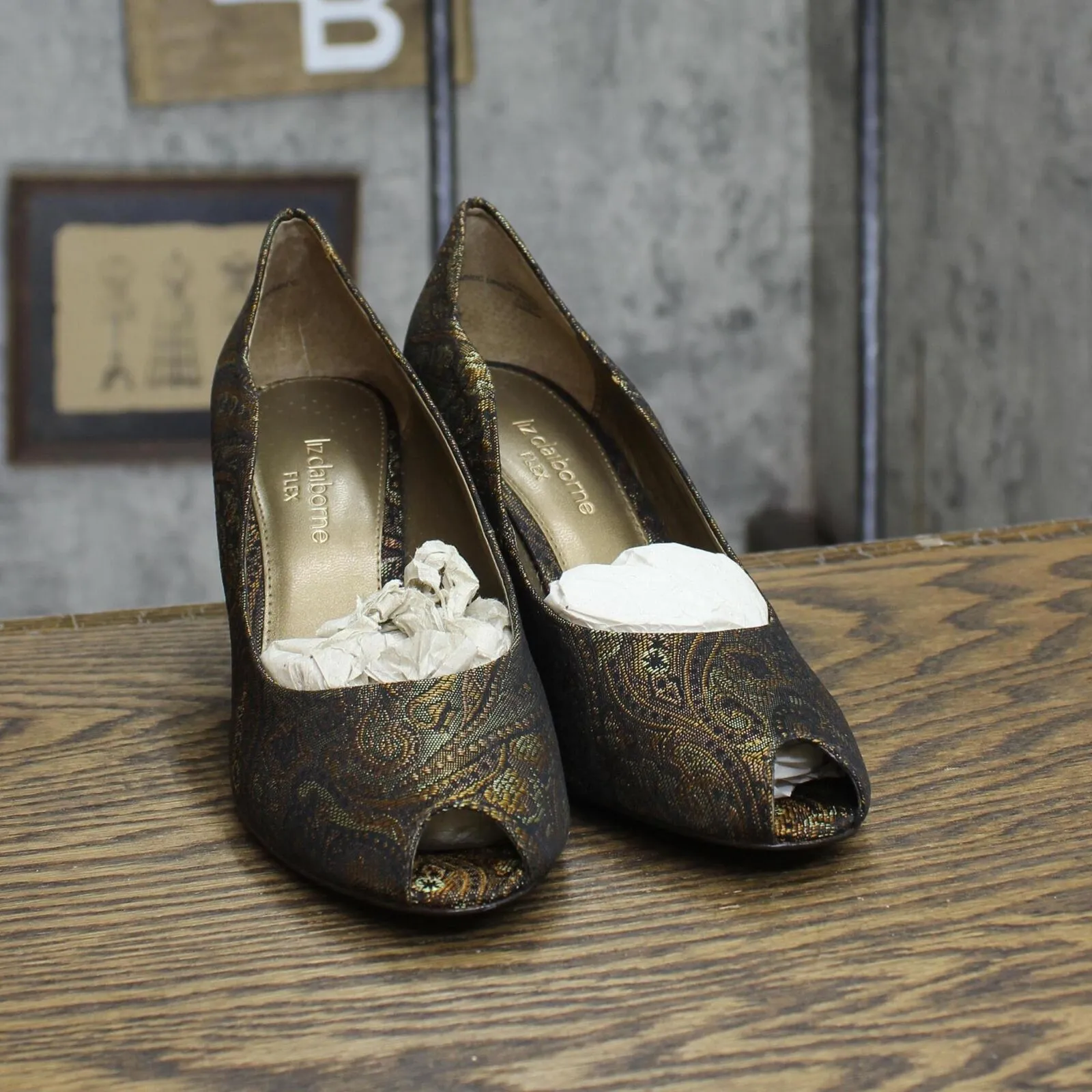 Liz Claiborne Womens Vintage Open Toe Stiletto Heels Brown Paisley 6.5M