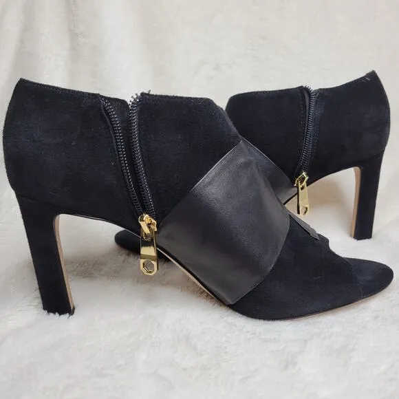 Louis et Cie Idola Suede Leather Bow Peep Toe High Heeled Gold Zip Bootie✨️8.5