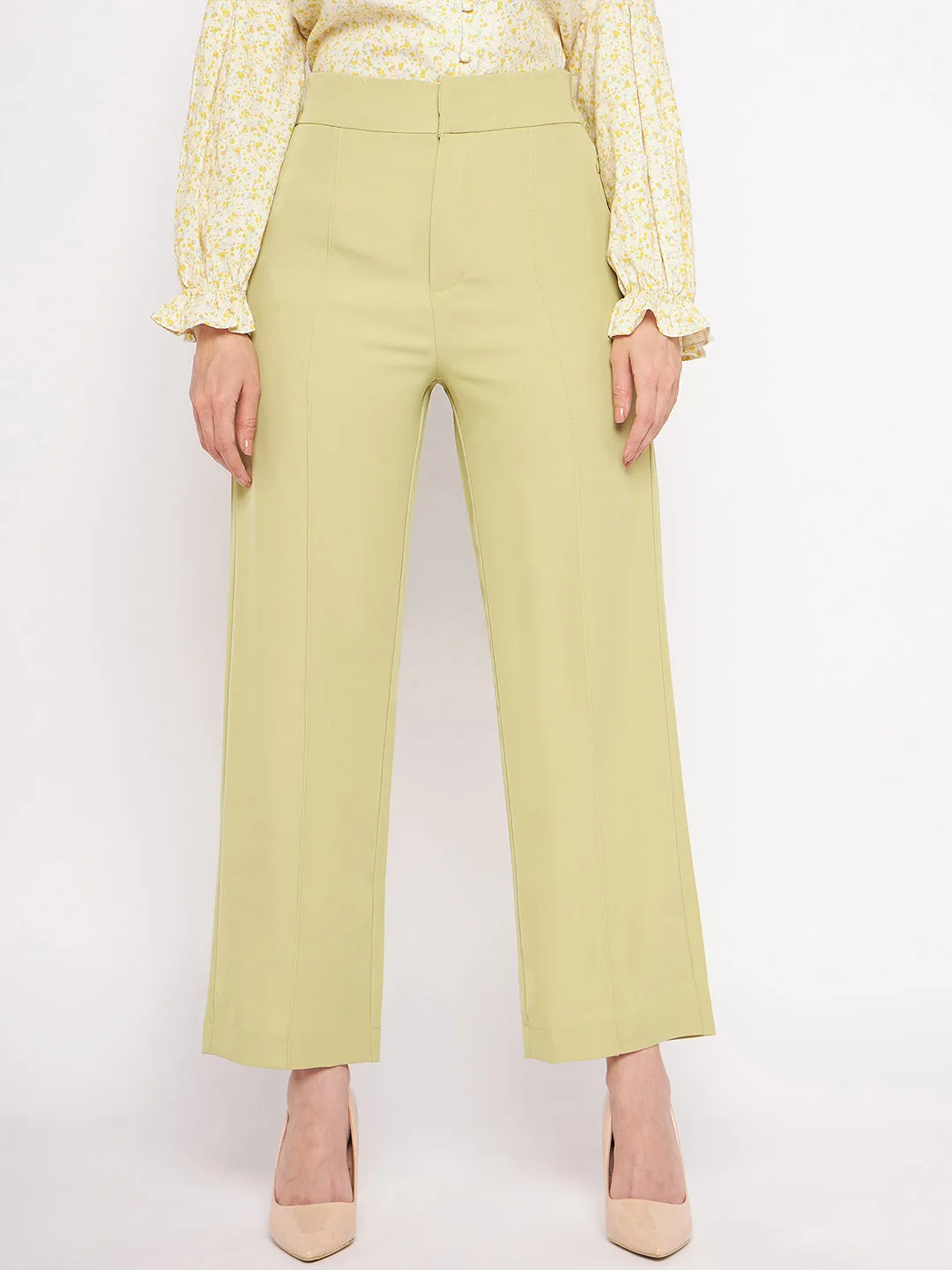 Madame Front Pleated Straight Fit Lime Green Trousers