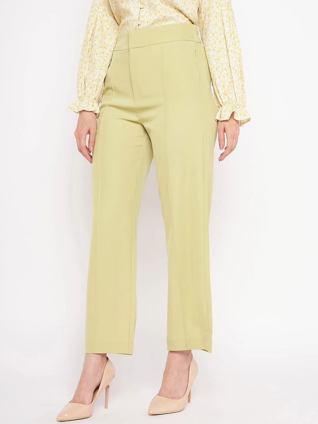 Madame Front Pleated Straight Fit Lime Green Trousers