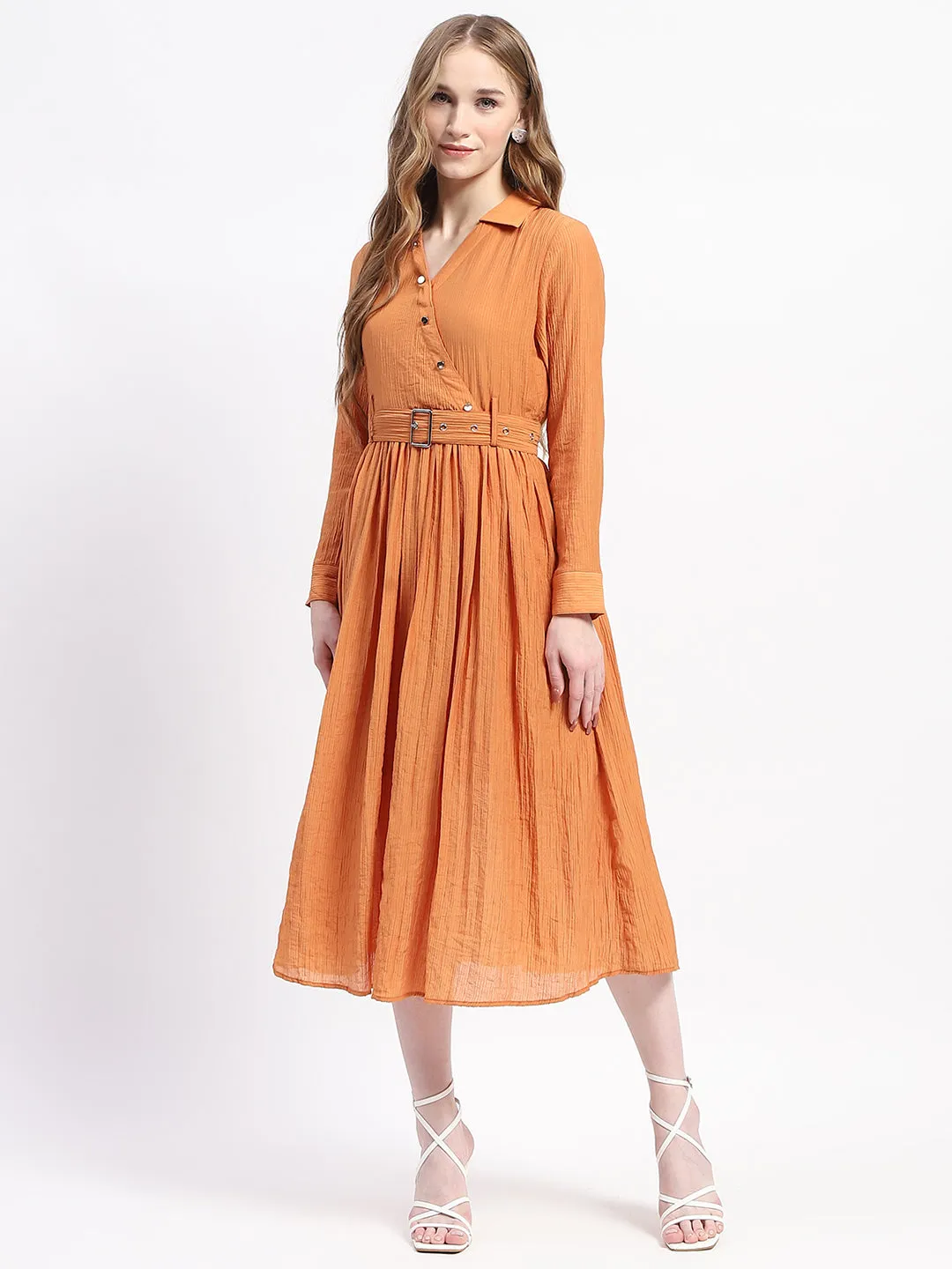 Madame Pleated Cotton Blend Orange Shirt Dress