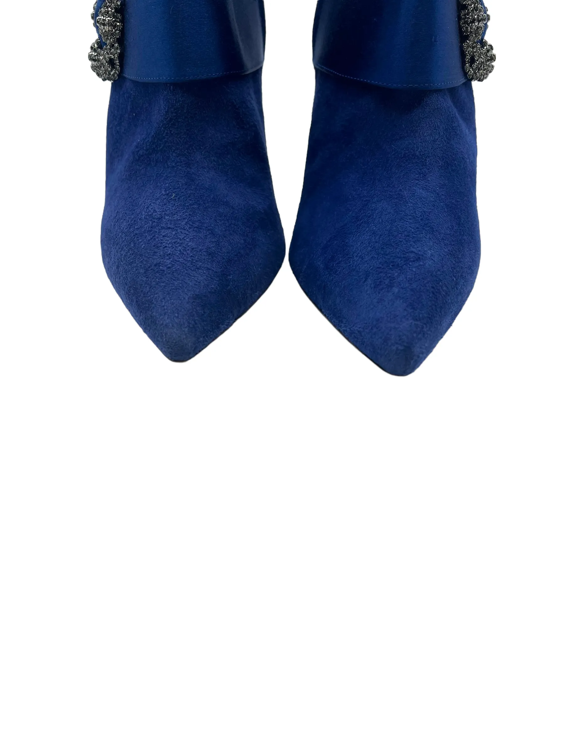 Manolo Blahnik Blue Suede Embellished Hangisi Size 38 Booties